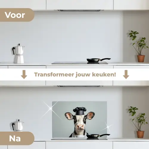 Koe - Zwart - Wit - Kok keuken achterwand spatscherm klein -voor_na_NL