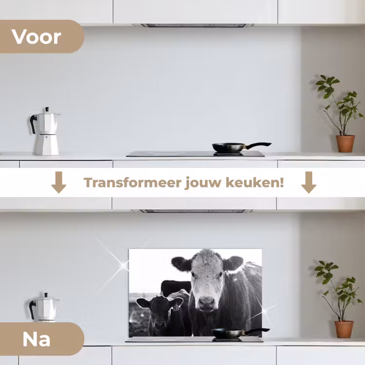 Koeien - Zwart - Wit keuken achterwand spatscherm klein -voor_na_NL