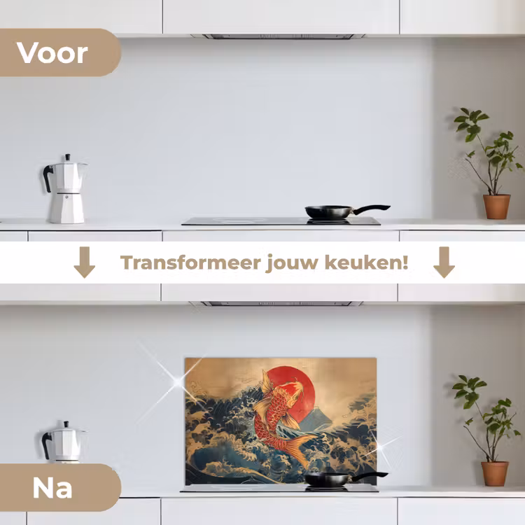 Koi - Zee - Golven - Zon keuken achterwand spatscherm klein -voor_na_NL
