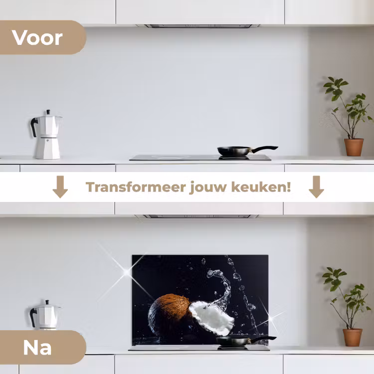 Kokosnoot - Stilleven - Water - Zwart - Fruit keuken achterwand spatscherm klein -voor_na_NL