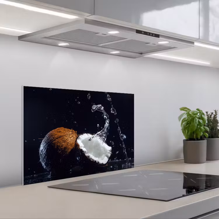 Kokosnoot - Stilleven - Water - Zwart - Fruit keuken achterwand spatscherm klein -3d_schuin