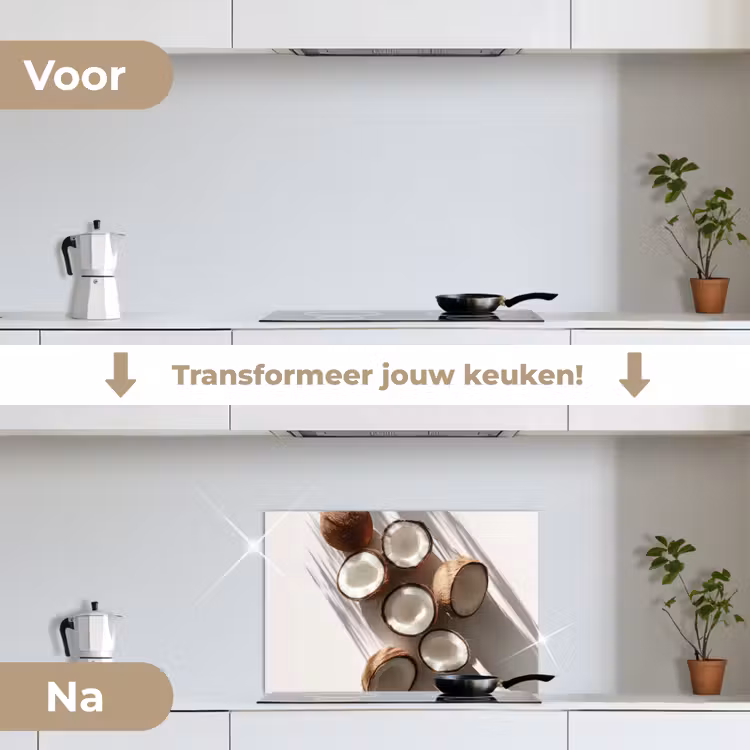 Kokosnoten - Bruin - Shaduw keuken achterwand spatscherm klein -voor_na_NL