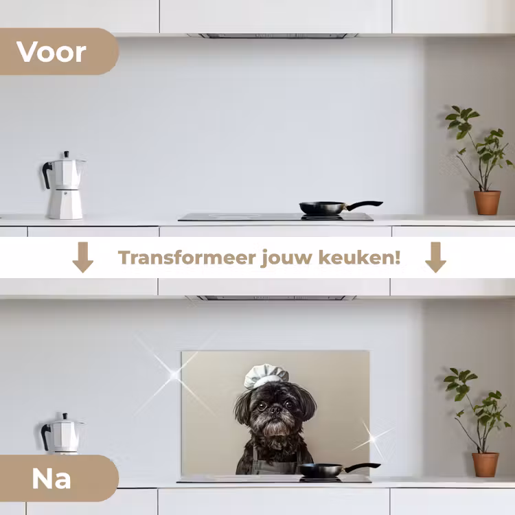 Kokskleding - Zwart - Hondje keuken achterwand spatscherm klein -voor_na_NL