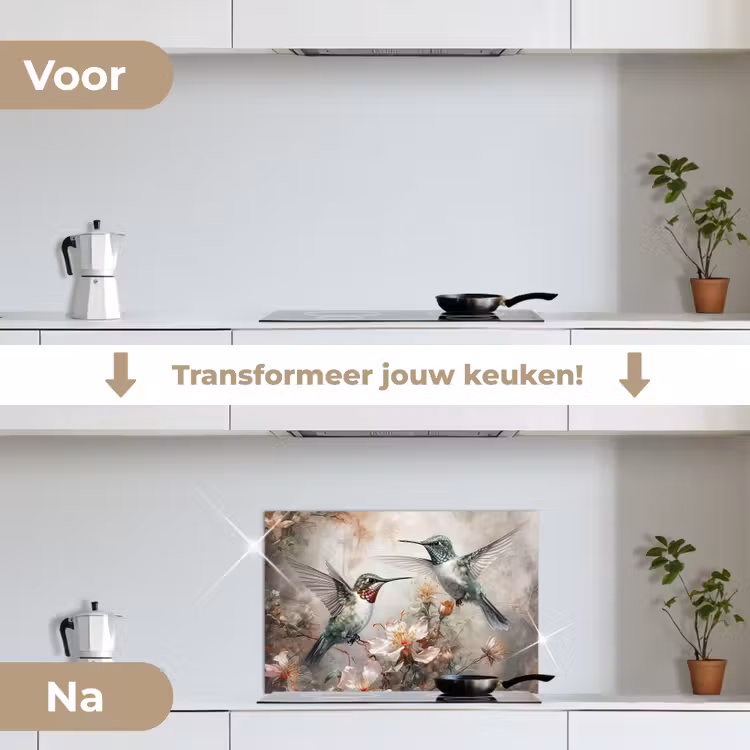 Kolibrie - Vogels - Bloemen - Planten keuken achterwand spatscherm klein -voor_na_NL