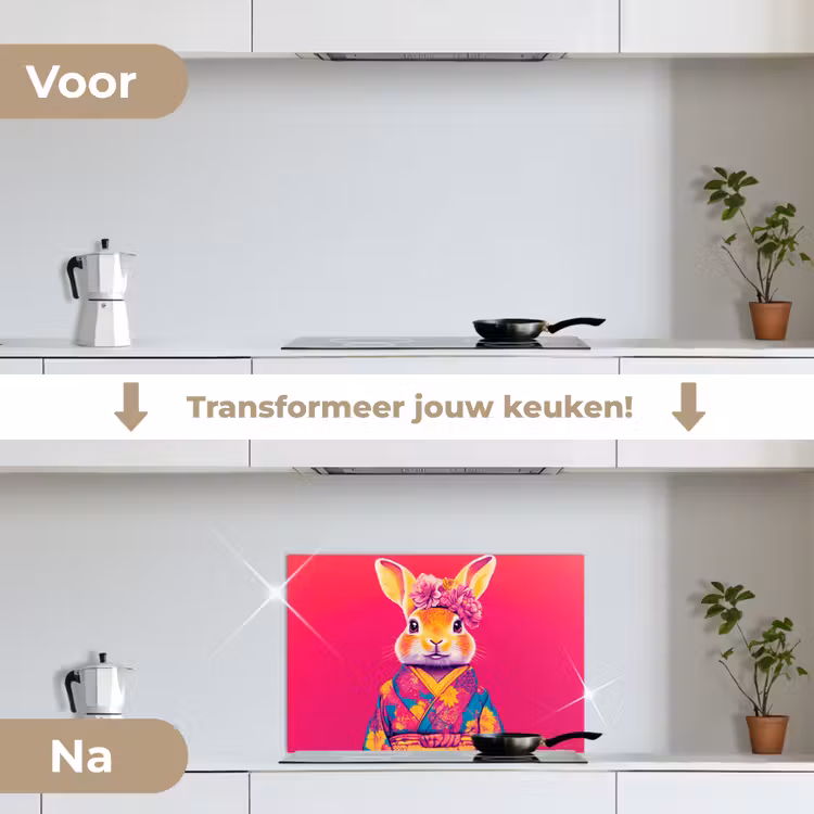 Konijn - Bloemen - Kleurrijk - Kimono keuken achterwand spatscherm klein -voor_na_NL