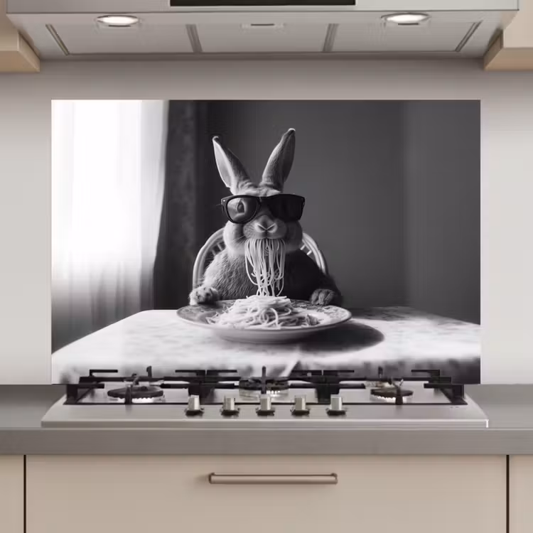 Konijn - Bunny - Zonnebril - Tafelkleed - Pasta - Schattig keuken achterwand spatscherm klein -3d_website