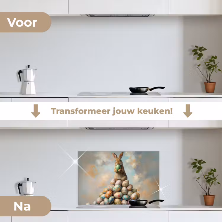Konijn - Eieren - Kleurrijk keuken achterwand spatscherm klein -voor_na_NL