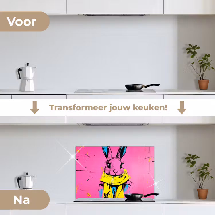 Konijn - Felroze - Sjaal - Abstract keuken achterwand spatscherm klein -voor_na_NL