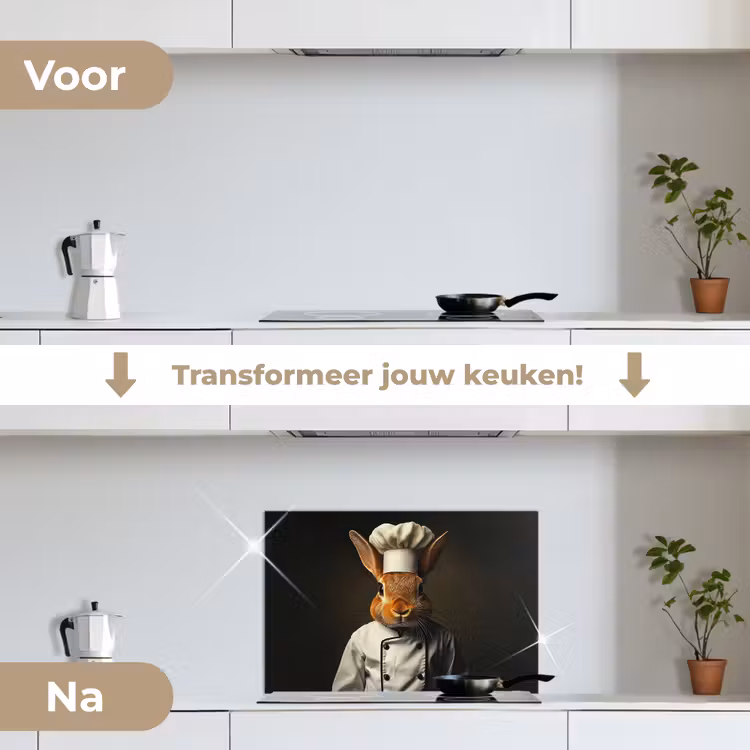 Konijn - Kok - Dier keuken achterwand spatscherm klein -voor_na_NL