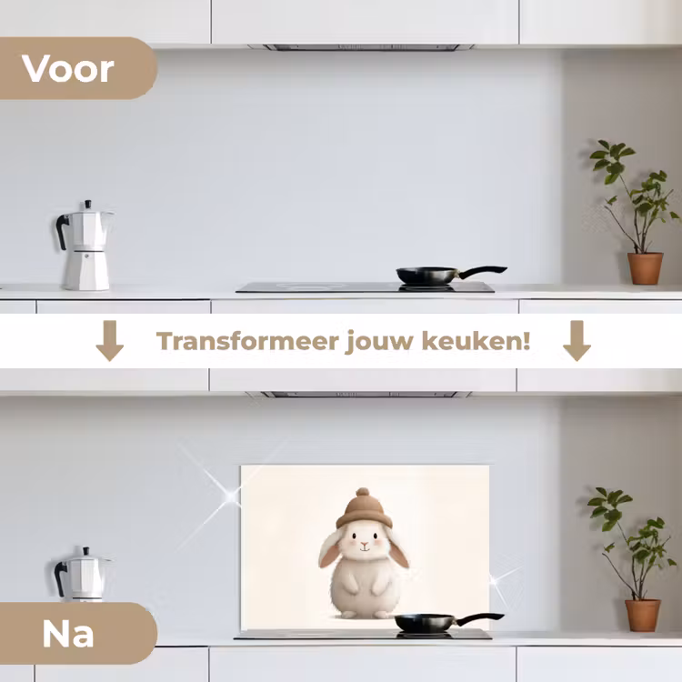 Konijn - Muts - Oren - Beige keuken achterwand spatscherm klein -voor_na_NL