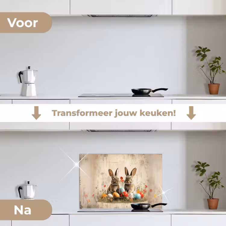 Konijnen - Bloemen - Eieren keuken achterwand spatscherm klein -voor_na_NL