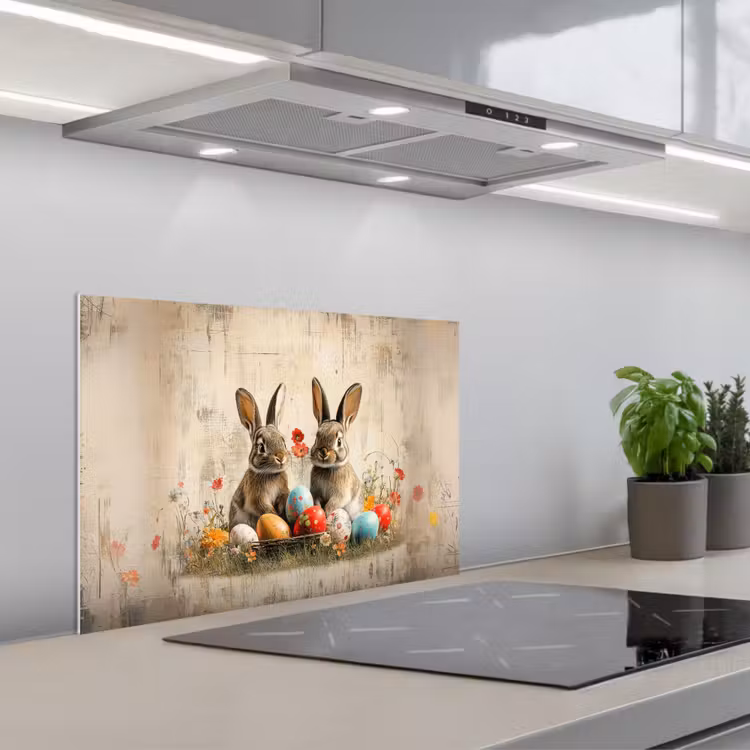Konijnen - Bloemen - Eieren keuken achterwand spatscherm klein -3d_schuin