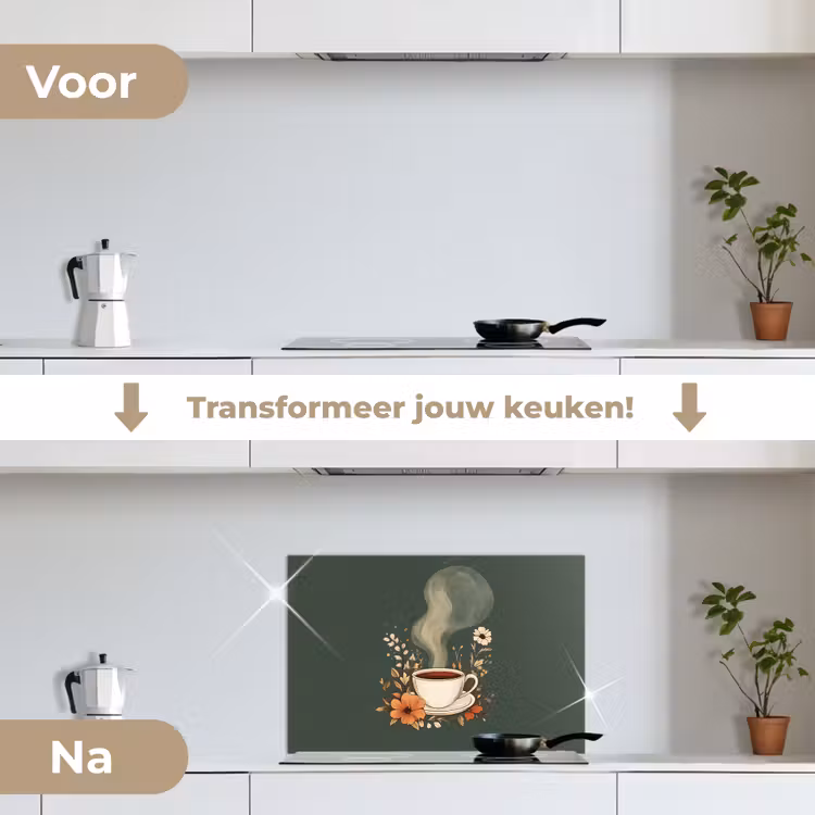 Kop - Bloemen - Groen - Koffie keuken achterwand spatscherm klein -voor_na_NL