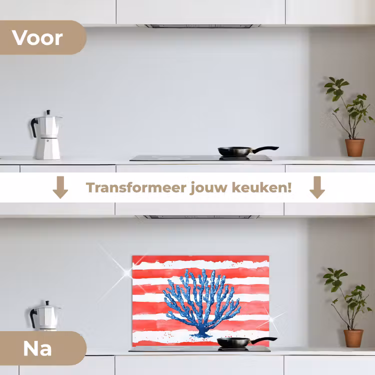 Koraal - Verfstructuur - Rood - Blauw keuken achterwand spatscherm klein -voor_na_NL