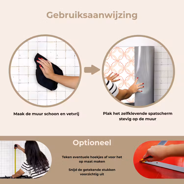 Koraalkleur - Vlechtmotief - Wit keuken achterwand spatscherm klein 900 -gebruiksaanwijzing_NL