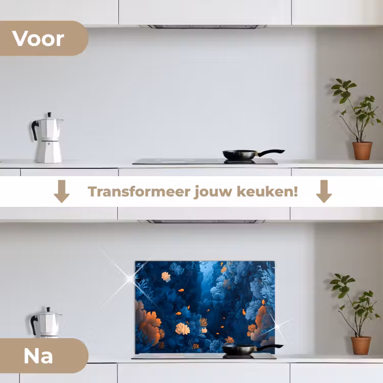 Koraalrif - Vissen - Oceaan - Blauw keuken achterwand spatscherm klein -voor_na_NL