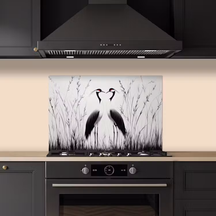 Kraanvogels - Gras - Hartvorm - Zwart keuken achterwand spatscherm klein -sfeer1