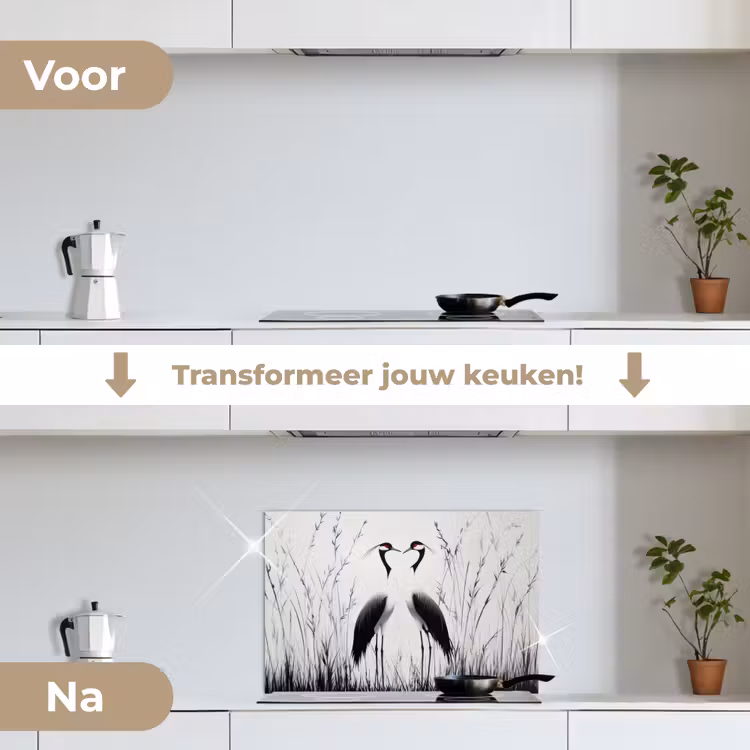 Kraanvogels - Gras - Hartvorm - Zwart keuken achterwand spatscherm klein -voor_na_NL