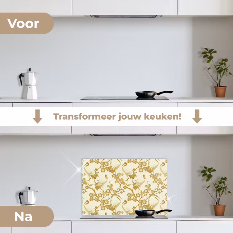 Kraanvogels - Kersenbloesem - Goud keuken achterwand spatscherm klein 900 -voor_na_NL