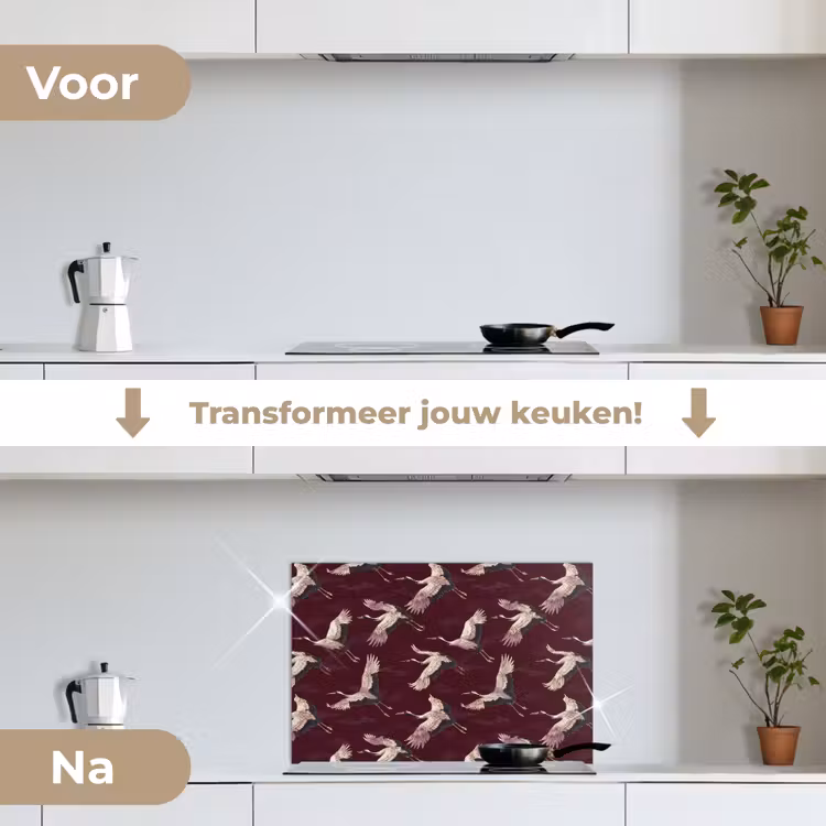 Kraanvogels - Klassiek - Bordeaux keuken achterwand spatscherm klein 900 -voor_na_NL