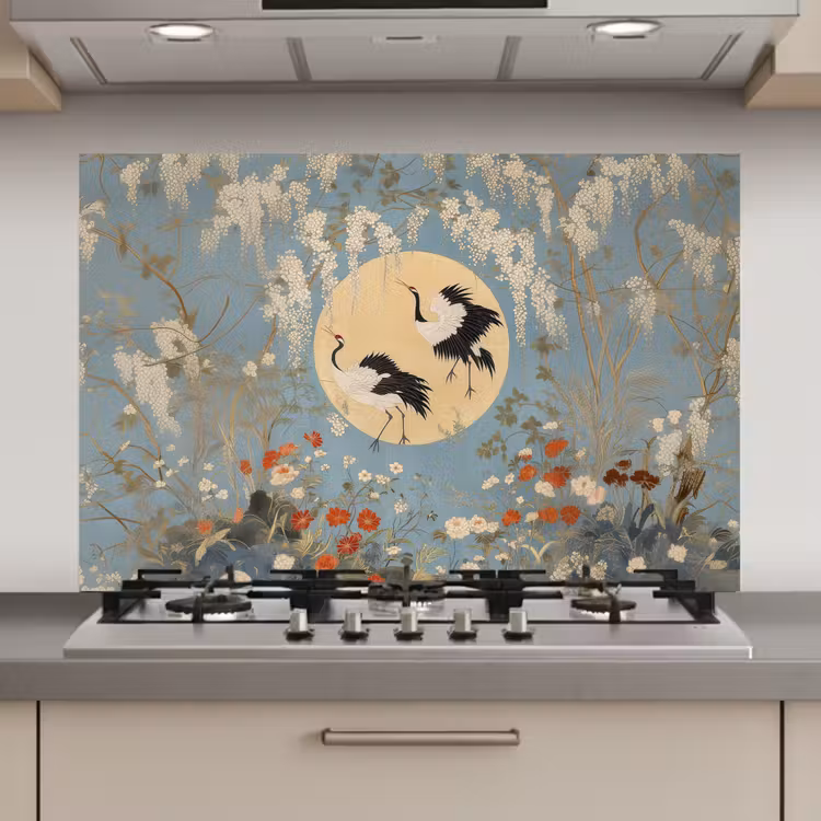 Kraanvogels - Maan - Bloemen - Blauw keuken achterwand spatscherm klein -3d_website