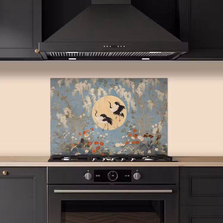 Kraanvogels - Maan - Bloemen - Blauw keuken achterwand spatscherm klein -sfeer1