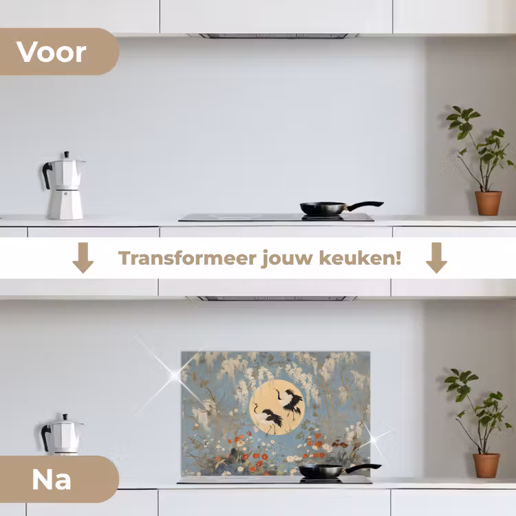 Kraanvogels - Maan - Bloemen - Blauw keuken achterwand spatscherm klein -voor_na_NL