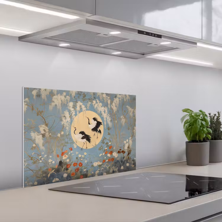 Kraanvogels - Maan - Bloemen - Blauw keuken achterwand spatscherm klein -3d_schuin