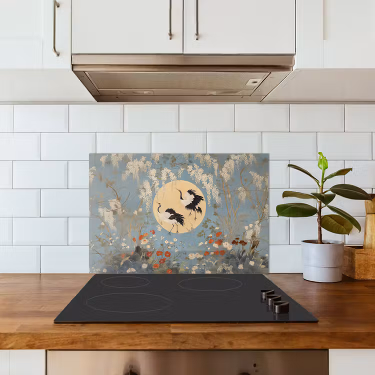 Kraanvogels - Maan - Bloemen - Blauw keuken achterwand spatscherm klein -sfeer2