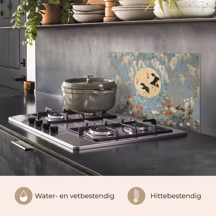 Kraanvogels - Maan - Bloemen - Blauw keuken achterwand spatscherm klein -usp_NL
