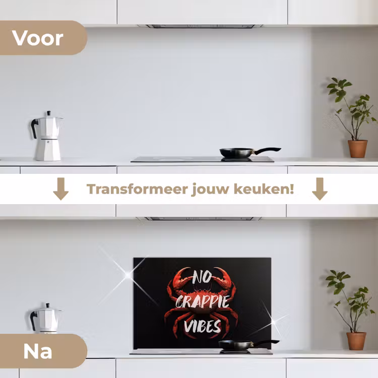 Krab - Rood - Tekst - Zwart keuken achterwand spatscherm klein -voor_na_NL