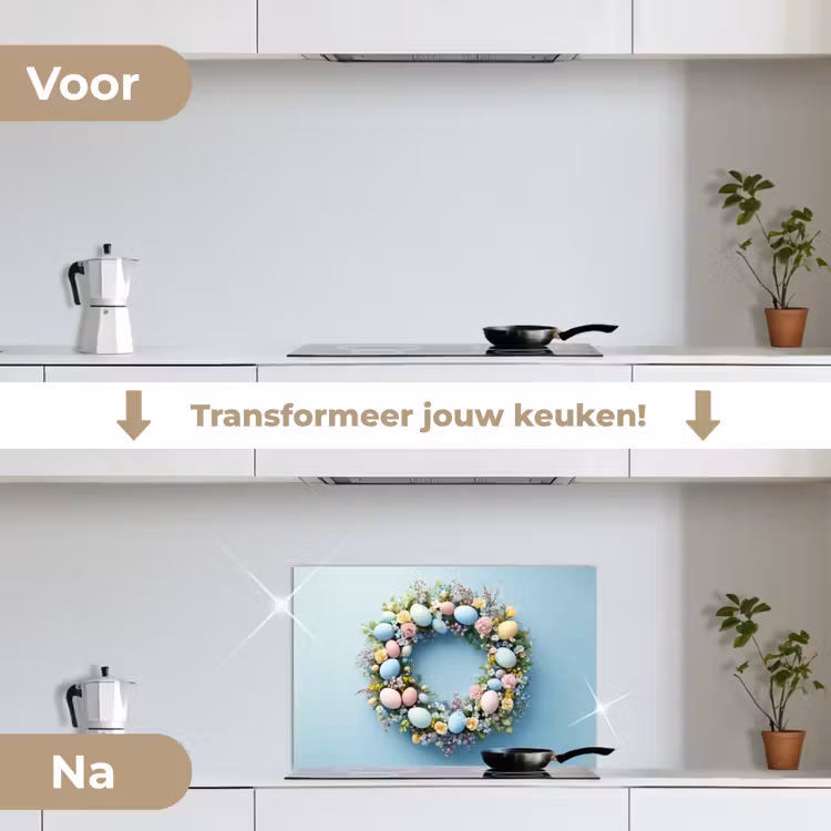 Krans - Eieren - Bloemen keuken achterwand spatscherm klein -voor_na_NL