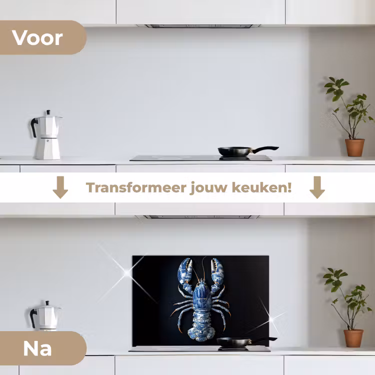 Kreeft - Delftsblauw - Schild - Stoer keuken achterwand spatscherm klein -voor_na_NL