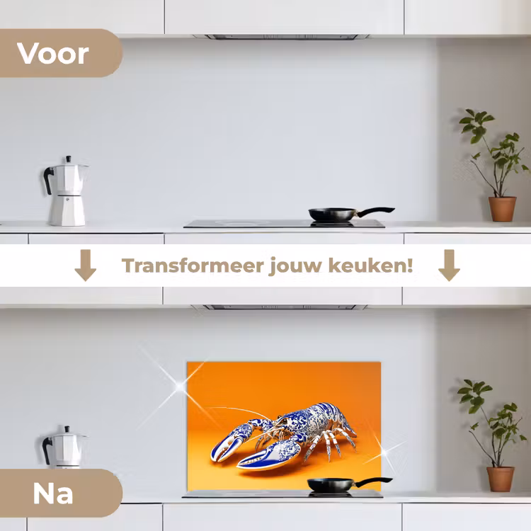 Kreeft - Delftsblauw - Schild - Stoer - Oranje keuken achterwand spatscherm klein -voor_na_NL