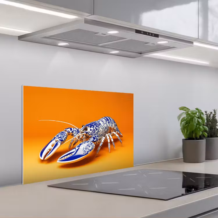 Kreeft - Delftsblauw - Schild - Stoer - Oranje keuken achterwand spatscherm klein -3d_schuin