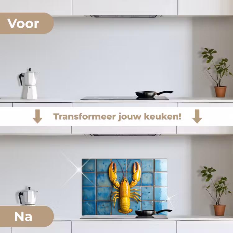 Kreeft - Geel - Blauw - Tegels keuken achterwand spatscherm klein -voor_na_NL