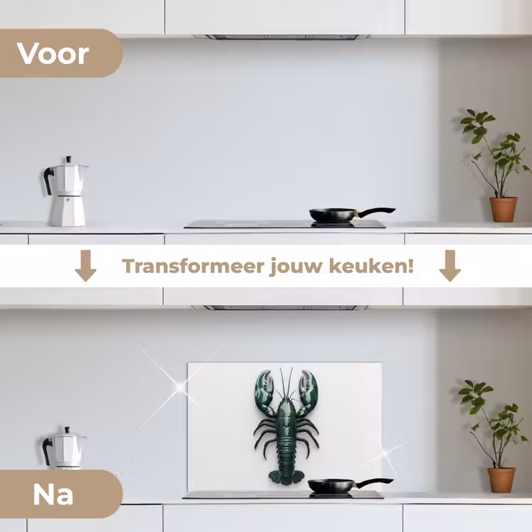 Kreeft - Glossier - Groen - Wit keuken achterwand spatscherm klein -voor_na_NL