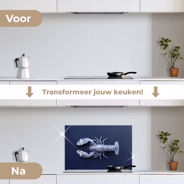 Kreeft - Porselein - Delfts - Blauw keuken achterwand spatscherm klein -voor_na_NL
