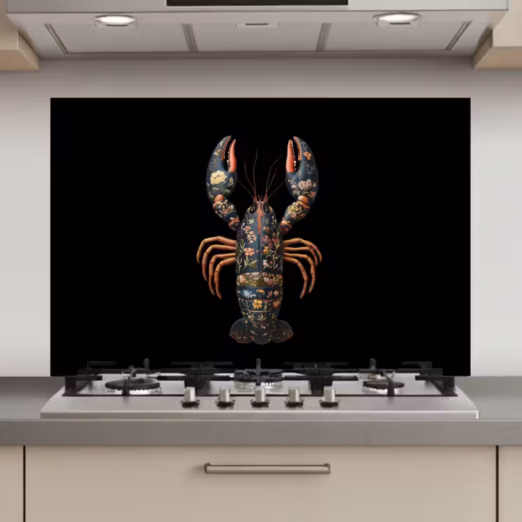 Kreeft - Zwart - Bloemenpatroon - Artistiek keuken achterwand spatscherm klein -3d_website