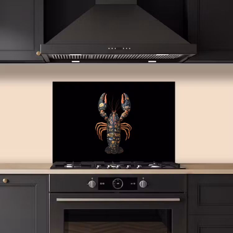 Kreeft - Zwart - Bloemenpatroon - Artistiek keuken achterwand spatscherm klein -sfeer1