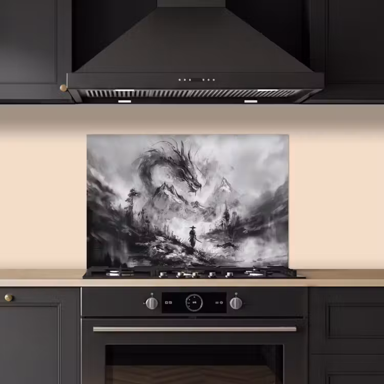 Krijger - Draak - Grijs keuken achterwand spatscherm klein -sfeer1