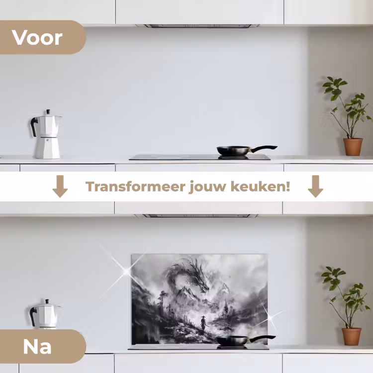 Krijger - Draak - Grijs keuken achterwand spatscherm klein -voor_na_NL