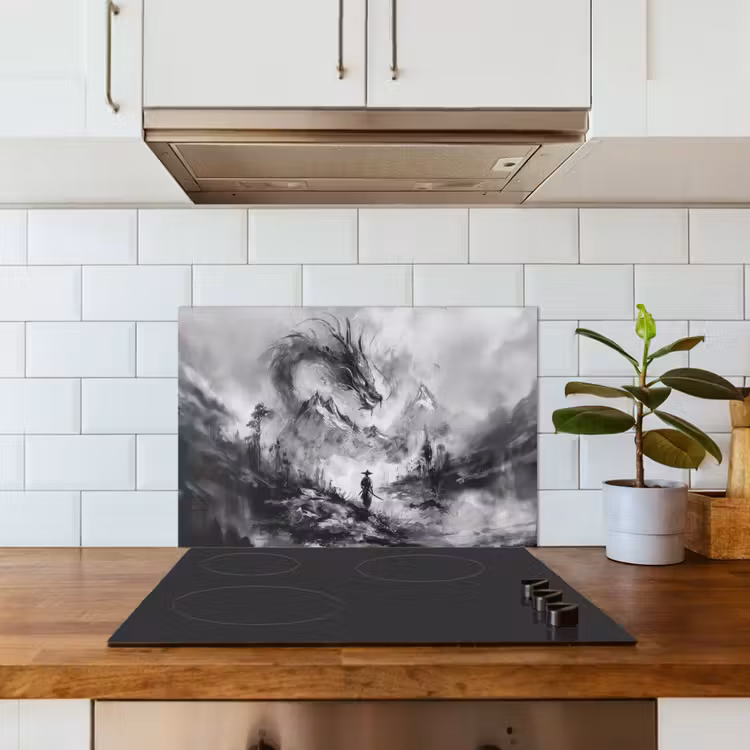 Krijger - Draak - Grijs keuken achterwand spatscherm klein -sfeer2