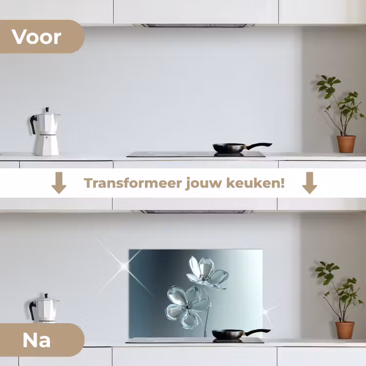 Kristal - Bloemen - Grijs keuken achterwand spatscherm klein -voor_na_NL