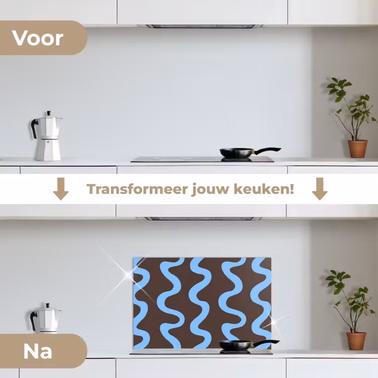 Kronkelende lijnen - Blauw - Bruin - Minimalistisch keuken achterwand spatscherm klein 900 -voor_na_NL