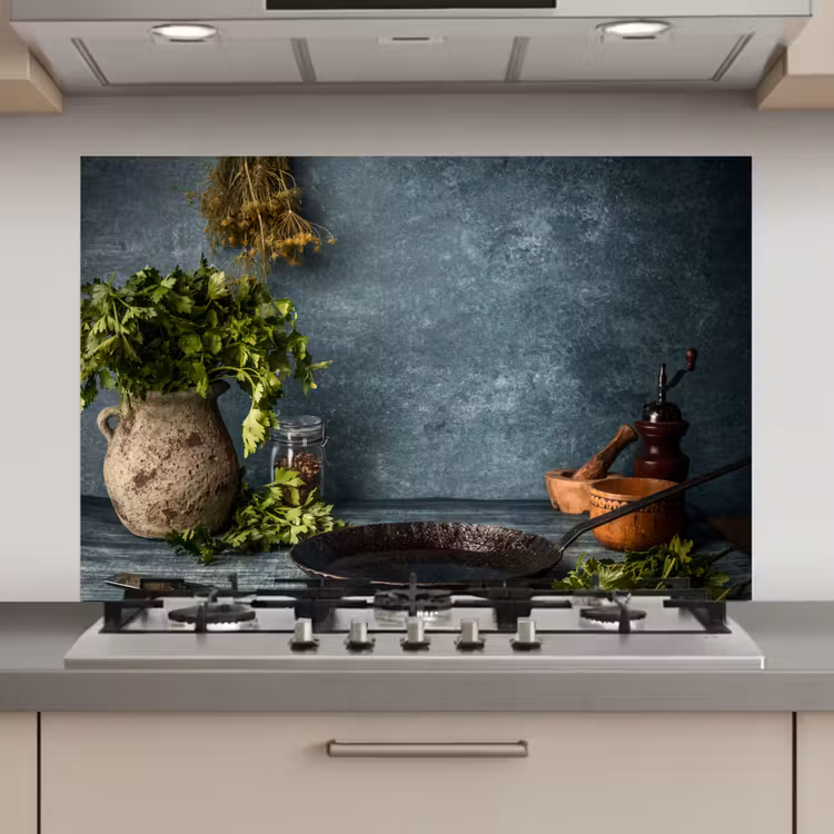 Kruiden - Specerijen - Pan - Mes - Grijs - Rustiek keuken achterwand spatscherm klein -3d_website