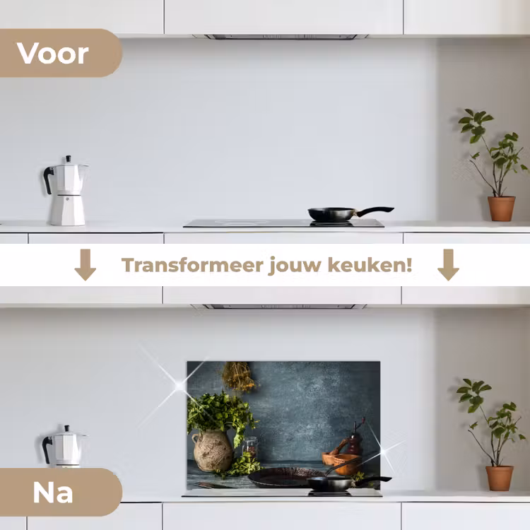Kruiden - Specerijen - Pan - Mes - Grijs - Rustiek keuken achterwand spatscherm klein -voor_na_NL