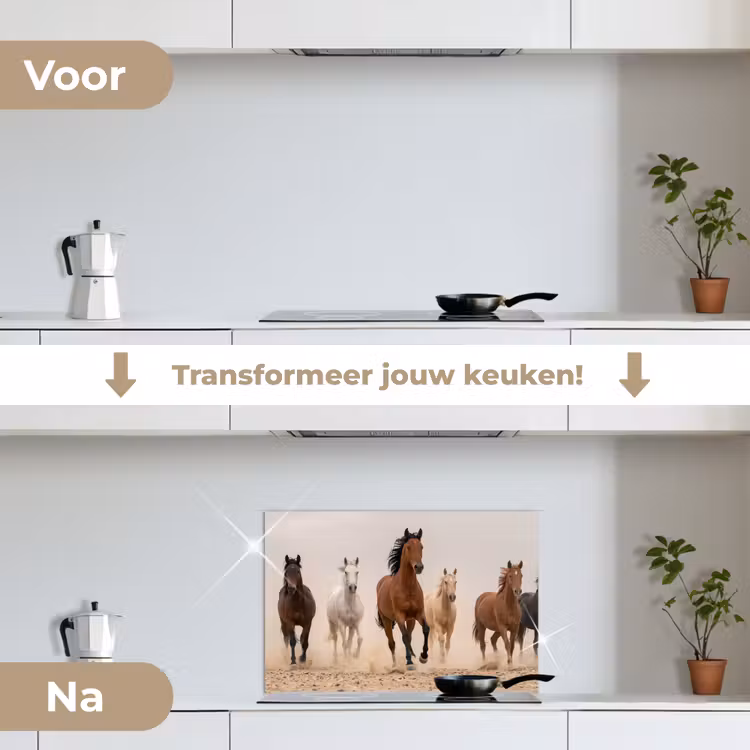 Kudde paarden - Stofwolk - Bruin - Zwart keuken achterwand spatscherm klein -voor_na_NL