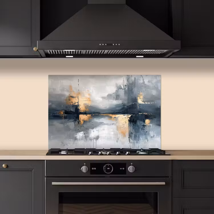 Kunst - Grijs - Goud - Abstract keuken achterwand spatscherm klein -sfeer1