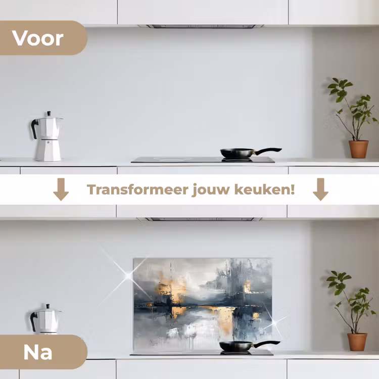 Kunst - Grijs - Goud - Abstract keuken achterwand spatscherm klein -voor_na_NL